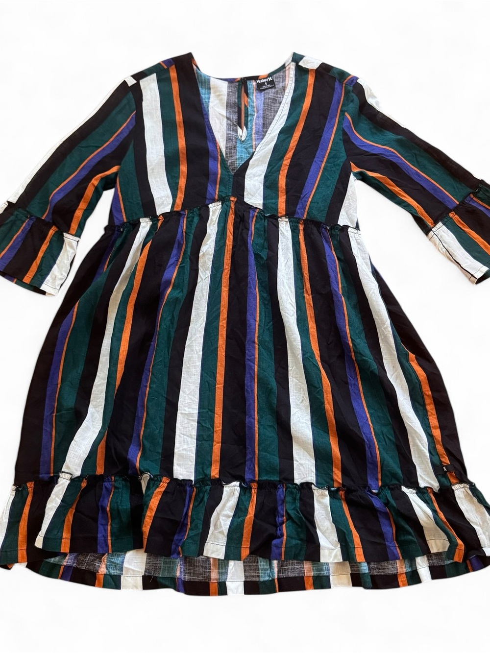 Hurley Multicolor Vertical Stripe Midi Dress - Green, Black, White, Orange, Blue